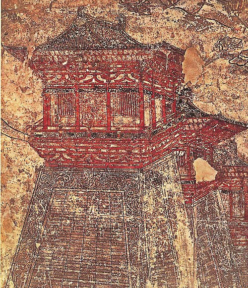 Que towers along the walls of Tang-era Chang'an, as depicted in this eighth-century mural from Li Chongrun's (682–701) tomb at the Qianling Mausoleum 