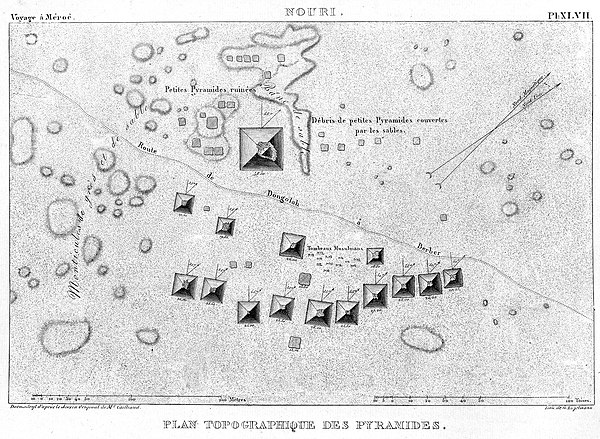 Pyramids of Nuri in 1821 (plan). The largest one (Nb. 1) belongs to Taharqa, the others are numbered from West to East.