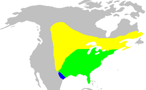 Proksimuma teritorio en Nordameriko. Flava = nur somere Blua = nur vintre Verda = la tutan jaron