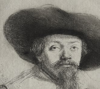 Detail of a Rembrandt etched portrait, 1636, with tone over much of the hat (the whole print). Rembrandt van Rijn - Samuel Manasseh Ben Israel - 1960.141 - Cleveland Museum of Art (cropped).tif