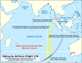 Thumbnail for File:Reunion debris compared to MH370 flight path and underwater search area.svg