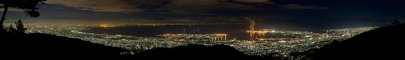 Panoramic Night View of Kansai urban area from Tenrandai Platform of Mt. Rokko. Stiched in Hugin from 14 frames resulting in 112 mpx image.