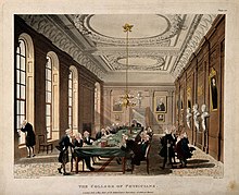 Meeting of the College of Physicians as imagined by Rowlandson and Pugin. Aquatint by J. Bluck, 1808. Royal College of Physicians, Warwick Lane, London; the inter Wellcome V0013116.jpg