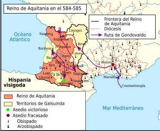 The movements of Gundoald in Aquitaine Royaume d'Aquitaine en 584-585-es.svg