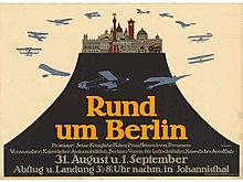 Graphisch gestaltetes farbiges Werbeplakat für einen Rundflug über Berlin.