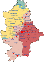 Territory of Ukraine's Donetsk Oblast controlled by Russia as DPR shown in red and pink; territory claimed but not controlled shown in yellow and blue