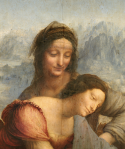 Peinture représentant deux femmes vues en buste. Une fente verticale coupe l'image en deux.