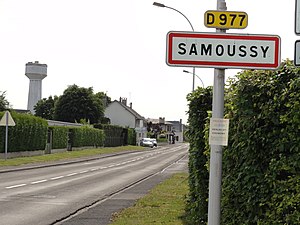 Samoussy (Aisne) city limit sign.JPG