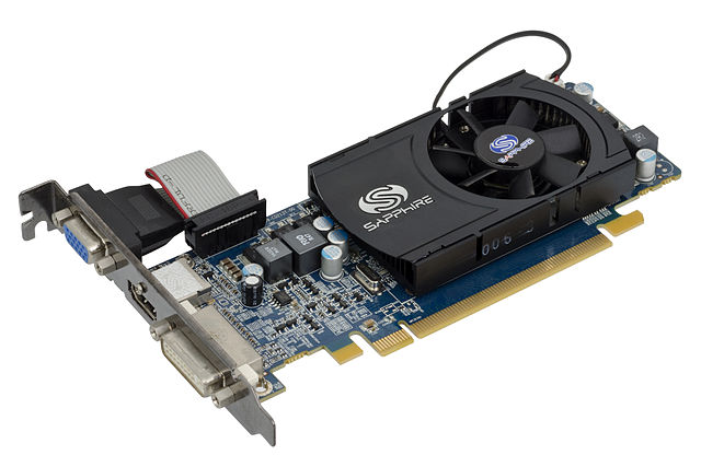 Sapphire Radeon HD 5570, a PCI Express video card with VGA, HDMI, and DVI ports and a small cooling fan