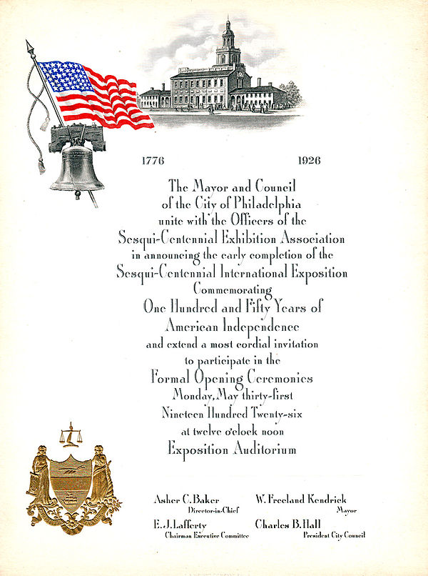 Engraved invitation to the Opening Ceremonies for the 1926 Sesqui-Centennial Exposition held at Philadelphia, Pennsylvania, May 31, 1926