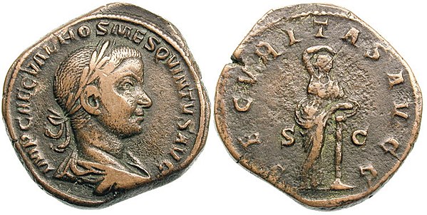 Securitas, the security of the Roman Empire, celebrated on the reverse of this sestertius by Hostilian.