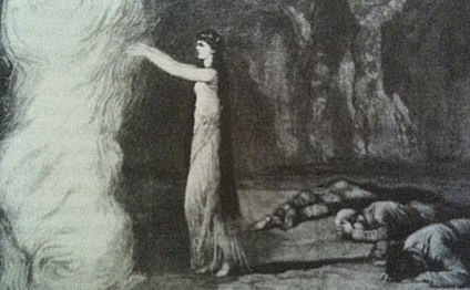 The sacred fire in Rider Haggard's She, illustration, 1887