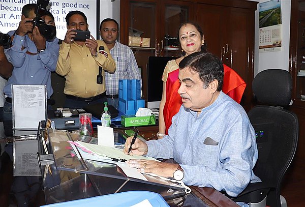 Gadkari taking charge as the Union Minister for Road Transport and Highways, in New Delhi on 4 June 2019.