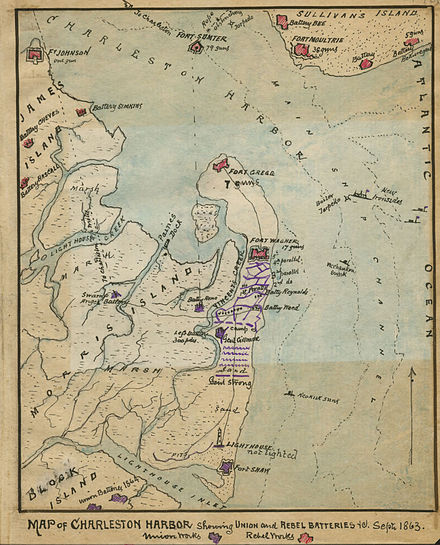 "Map of Charleston Harbor Showing Union and Rebel Batteries to September 1863." Period map drawn by Robert K. Sneden. "Left Batteries" actually at position indicated for "Battery Reno."