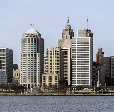 A partial skyline view of Detroit in 2014, with One Griswold Street in the center Skyline of Detroit, Michigan from S 2014-12-07 (cropped, Financial District).jpg