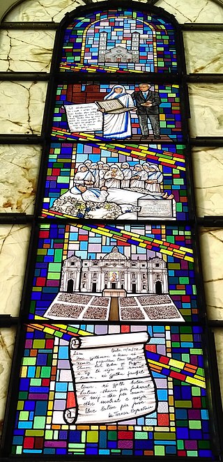 Stained glass depiction of key moments in the lifetime of Mother Teresa at the Cathedral of Saint Mother Teresa in Prishtina, Kosovo