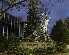 Touchdown sculpture was located outside the Hall of Fame until 2018 Statue touchdown cfhof.jpg