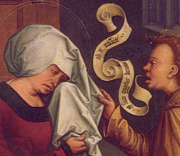 Before the 20th century, speech was depicted using bands, flags, scrolls, or sheets of paper. The Annunciation to Saint Anne (1506) by Bernhard Strige