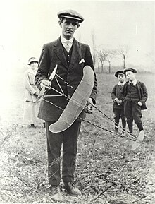 Hawker Hurricane designer Sydney Camm as a young man, with a "twin-pusher" free flight model, circa 1915 in England, a type flown today in "old-timer" meets Sydney Camm 1915.jpg