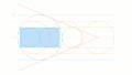 半径 √5 の円（青線）と半径1の円（緑線）が外接するとき、共通外接線2本の交点と半径1の円周上の点の距離で最短のものは、黄金数に等しい。