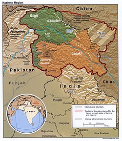 The course of the Indus in the disputed Kashmir region; the river flows through Ladakh and Gilgit-Baltistan, administered respectively by India and Pakistan