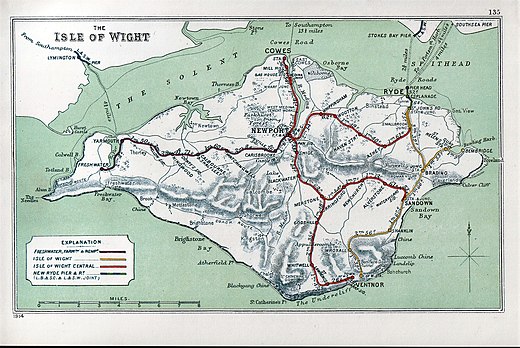 Kaart met alle spoorlijnen op the Isle of Wight in 1914