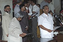 11th President of India A. P. J. Abdul Kalam administering the oath as Cabinet Minister at a Swearing-in Ceremony in New Delhi on 2004. The President Dr. A.P. J. Abdul Kalam administering the oath as Cabinet Minister to Shri Mani Shankar Aiyar at a Swearing-in Ceremony in New Delhi on May 22, 2004.jpg