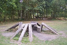 This seat made by Tim Norris. It is part of a rest area beside the Winding Wheel Pond. The Winding Wheel Seat, Clowes Wood - geograph.org.uk - 1520926.jpg