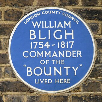 London County Council plaque at 100 Lambeth Road, Lambeth, commemorating William Bligh (erected 1952)