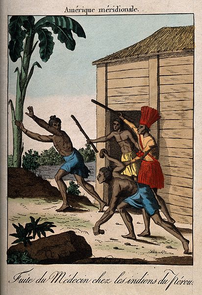 File:Three angry Indians throwing stones and sticks at a medicine Wellcome V0015997.jpg