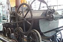 Trevithick's 1804 locomotive. This full-scale reconstruction is in the National Waterfront Museum, Swansea. TrevithicksEngine.jpg