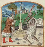 «Triboulet og Døden.» Triboulet (1479–1536) var en hoffnarr med microcephali som arbeidet for de franske kongene Ludvig XII og Frans I. Narren beskytter seg med narresepteret mot Dødens ljå og piler.