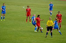 2015 UEFA Championship Second qualifying round - Group 1 match Turkey girls' U-17 (red) vs Finland girls' U-17 (blue) TurkeyWomensU17vsFinland (97).JPG