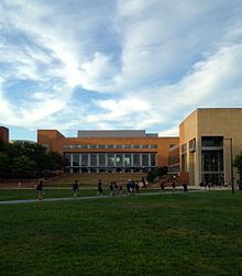 The Commons serve as the university's student union, meeting center, and activity center. UMBC Commons and Quad.jpg