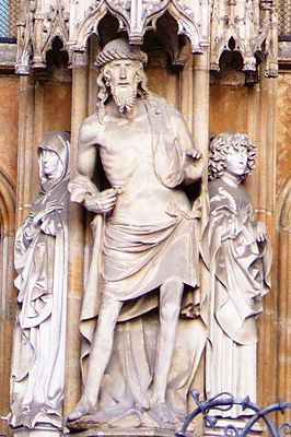 Man of Sorrows on the main portal of Ulm Münster by Hans Multscher, 1429.