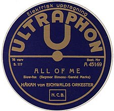 Etiketa na gramofonové desce Ultraphonu pro švédský trh