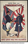 poster représentant deux hommes se serrant la main, l'un britannique en costume de bonne société, l'autre japonais en uniforme d'infanterie, leurs drapeaux respectifs derrière eux.