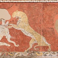 Detail from the painted murals of Varakhsha in the Bukhara oasis in Sogdia. The painting is located in one of the Varakhsha Palace’s main rooms, the "Red Hall". Late 7th or early 8th century.