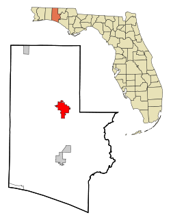 Walton County Florida Incorporated and Unincorporated areas De Funiak Springs Highlighted.svg