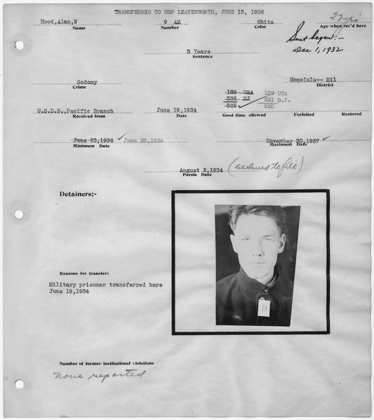 File:Warden's notebook page, with "mug shot," of Alan W. Hood, 9-AZ. - NARA - 296695.tif