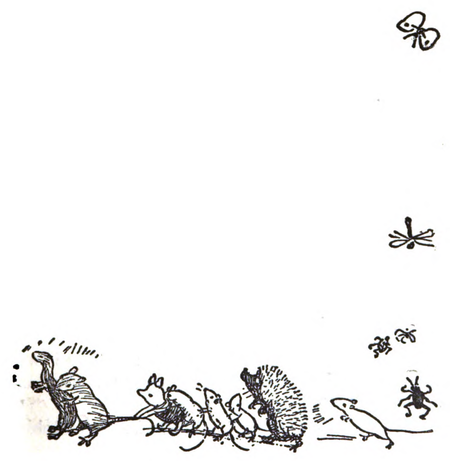 A string of animals pulling on one another in a line with insects flying about them