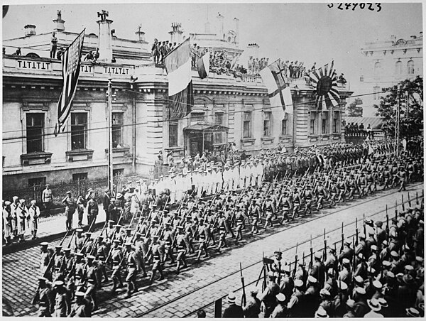 Allied troops in Vladivostok, August 1918, during the Allied intervention in the Russian Civil War