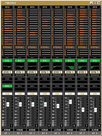 Yamaha M7CL 19x8 matrix section, showing the 16 mix buses plus the main L/R/Mono buses routed to 8 matrix outputs. The individual level controls are shown as horizontal bars in dark orange. The 8 matrix outputs are controlled by 8 white faders at the bottom. Yamaha M7CL 19x8 matrix.jpg