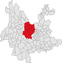 楚雄州的地理位置（红色部分）