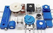 An assortment of small through-hole potentiometers designed for mounting on printed circuit boards. 12 board mounted potentiometers.jpg