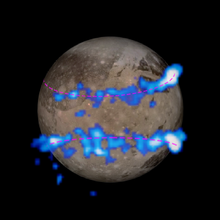 Aurorae on Ganymede--auroral belt shifting may indicate a subsurface saline ocean. 15-33i2-JupiterMoon-Ganymede-Aurora-20150312.png