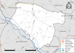 Carte en couleur présentant le réseau hydrographique de la commune