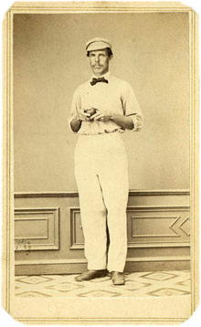 Harry Wright wearing a baseball cap, circa 1863. 1863 Harry Wright.png