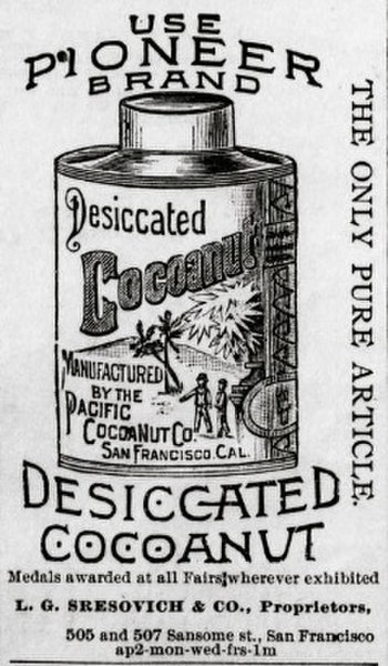 1890 newspaper advertisement showing tin of dried coconut