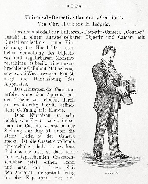 File:1894 Chr. Harbers Universal-Detectiv-Camera "Kurier", Jahrbuch für Photographie und Reproductionstechnik, Seite 135f.jpg